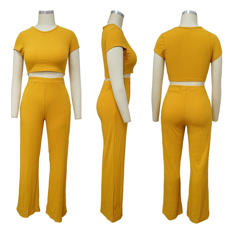 Ladies 2 Piece Set Ribbed O Neck Crop Top and Long Pants Set.