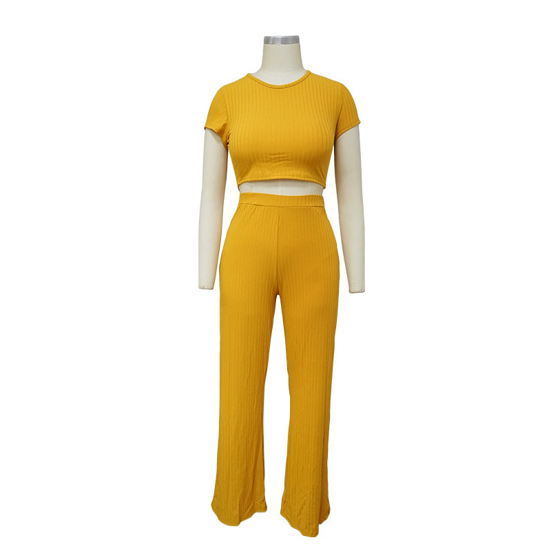 Ladies 2 Piece Set Ribbed O Neck Crop Top and Long Pants Set.