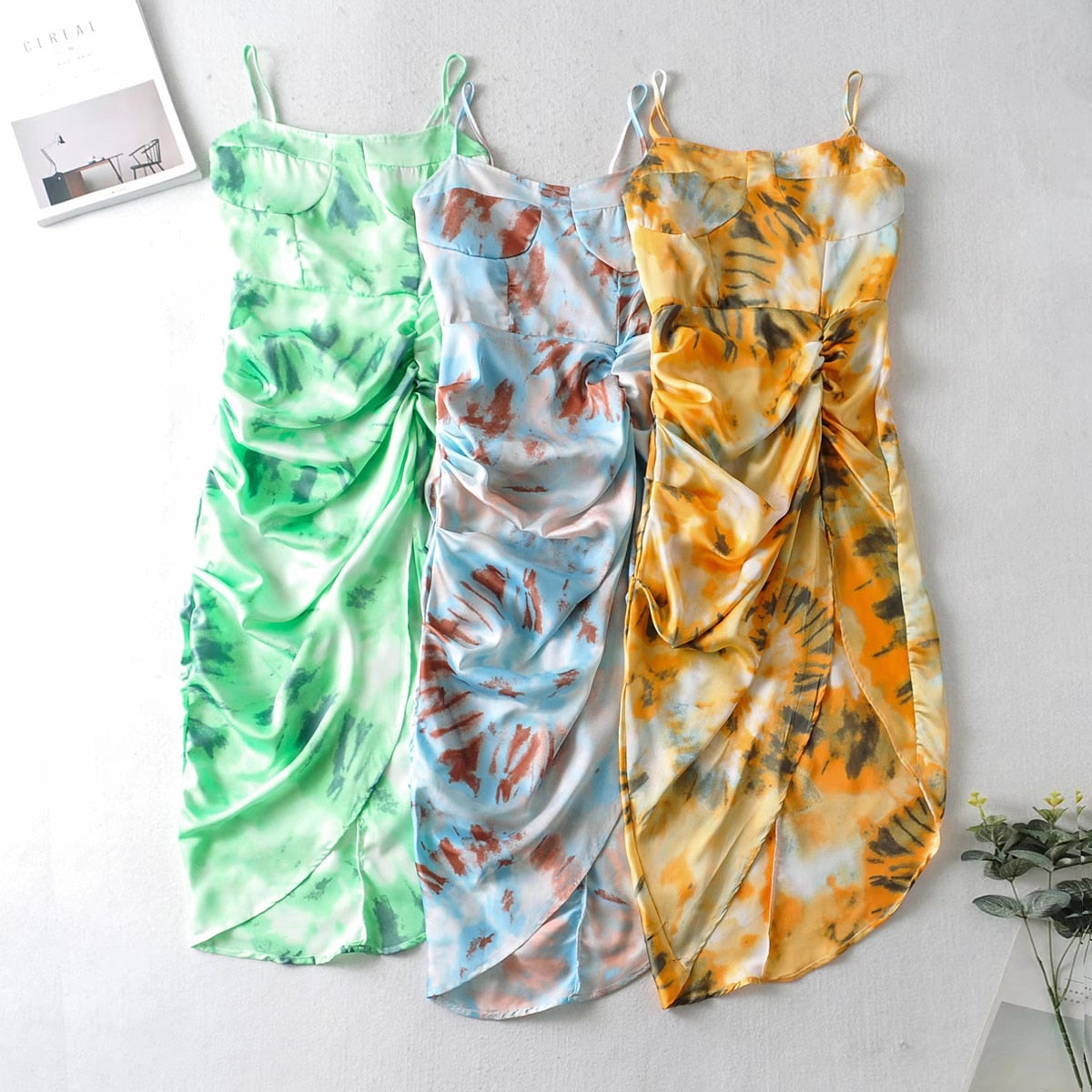 Spaghetti Tie Dye Runched Side Midi Skirt