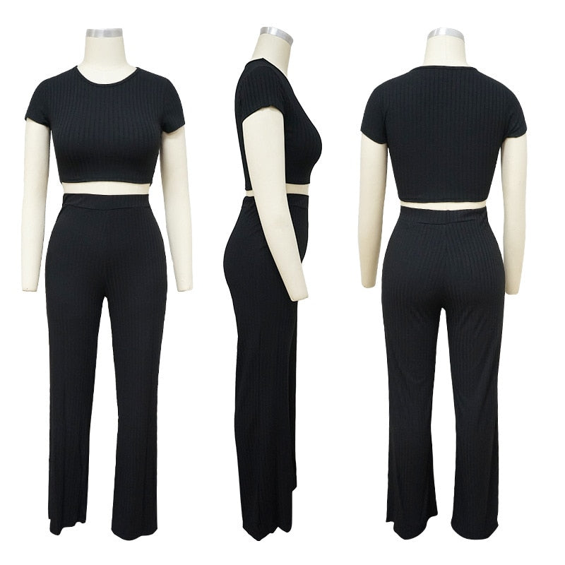 Ladies 2 Piece Set Ribbed O Neck Crop Top and Long Pants Set.