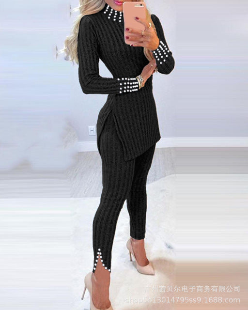 2 Piece Ribbed Slit Long Top and High Waist Pencil Pants Set