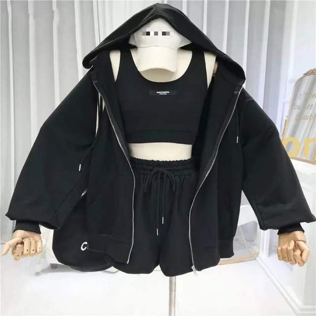 Three 3 Piece Sets Vest Drawstring Shorts Hooded Zipper Jacket Sportswear Suits .