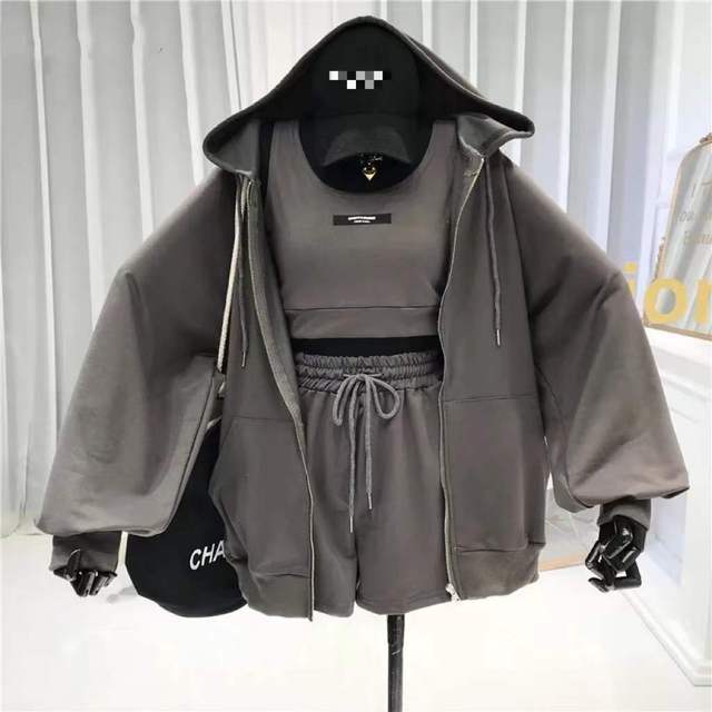 Three 3 Piece Sets Vest Drawstring Shorts Hooded Zipper Jacket Sportswear Suits .